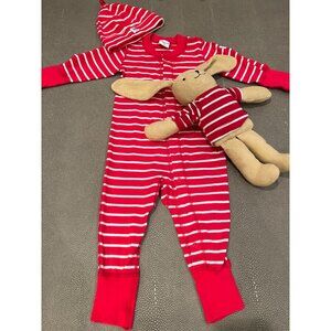 Polarn O. Pyret Red W/ White Stripes Pajama Set  with Matching Stuffed Bunny Siz